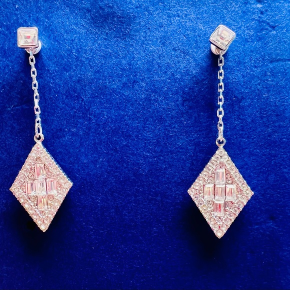 Diamond Shaped Swarovski Crystal Drop Earrings, Two-Way Style, Silver and Clear - Picture 3 of 10